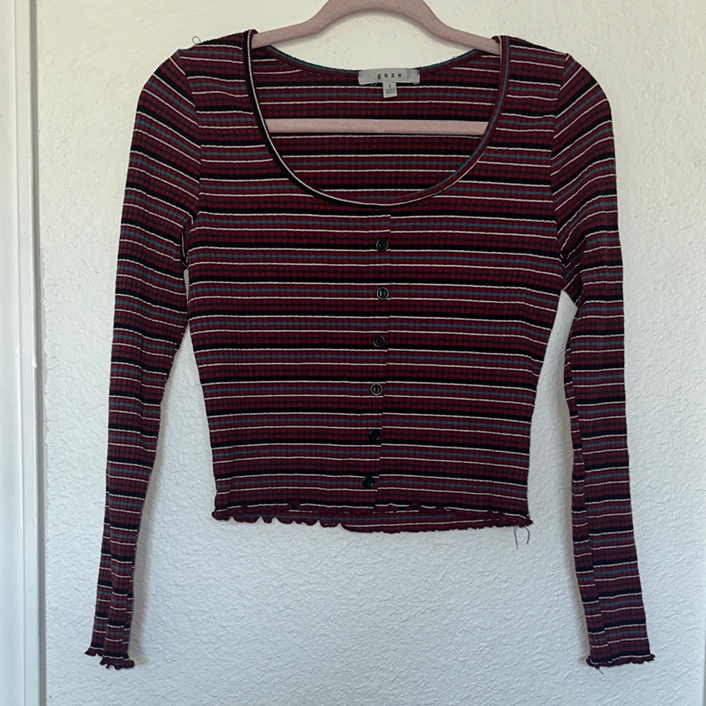 Gaze Burgundy Striped Long Sleeve Top